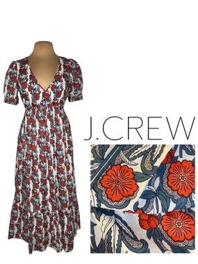 J.Crew Poppy Print V-Neck Maxi Dress White Red Blue Floral Size Small
